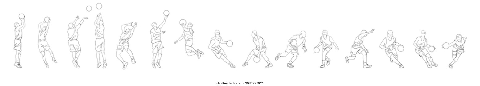 Vector basketball collection. Athletes in various pose of dribbling and shooting ball.