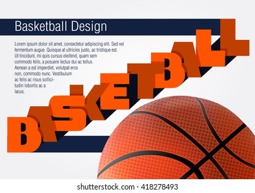 Vector basketball design with orange lettering diagonally,  ball and field for text, stylish sports banner