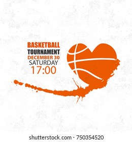 Vector basketball, grunge, splashes, hand drawing, textures. Love, flying heart, spray, element for sports design.