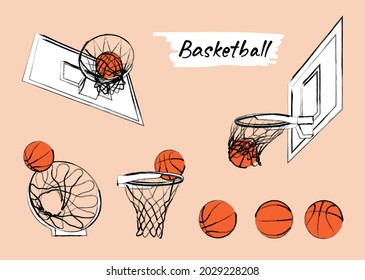 Vector basketball hoop with the ball. Collection of sports elements.