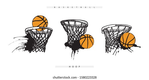Vector basketball hoop with the ball. Set of grunge sports elements for design t-shirts, banner, flyer, poster. Dirty distress texture, ink splatters.