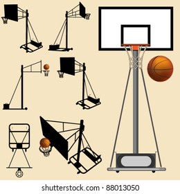 Vector Basketball Hoop And Ball Silhouette Set