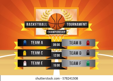 Vector of basketball match with team competition and scoreboard on court background.