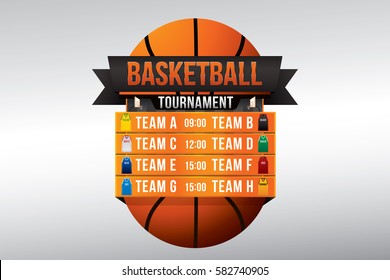 Vector of basketball match with team competition and scoreboard on court background.