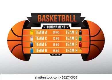 Vector Of Basketball Match With Team Competition And Scoreboard On Court Background.