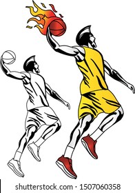 vector Basketball player jump in the air to shot with a slam dunk posture.