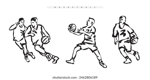 Vector basketball players. Hand drawn ink drawing for banner design, print on a T-shirt.