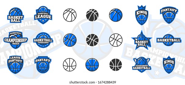 Vector Basketball set with 12 trendy logo designs and 9 basketball icons. Basketball set. Perfect use for posters, banners, signs, covers design. Vector sport emblems template.