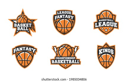 Vector Basketball set with 6 orange trendy logo designs. Basketball set. Perfect use for logo, emblem, poster. Print for t-shirt, typography. Vector sports emblems template.