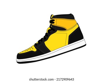 Vector basketball sneakers illustration. Sport shoe, side view, isolated on white background. Vintage 80s footwear silhouette. Casual trendy shoes. Man black and yellow fashion look. Sportswear sign