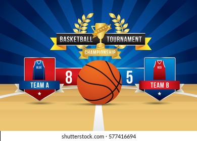 Vector of basketball with team competition and scoreboard on court background.