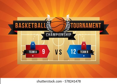 Vector of basketball with team competition and scoreboard on court background.