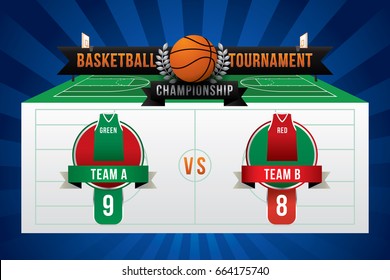 Vector of basketball with team competition and scoreboard on court background.