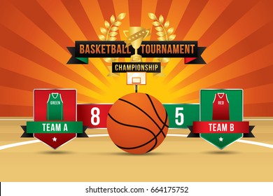 Vector of basketball with team competition and scoreboard on court background.