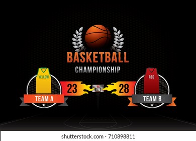 Vector of basketball with team competition and scoreboard on court background.