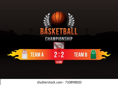 Vector of basketball with team competition and scoreboard on court background.