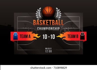 Vector of basketball with team competition and scoreboard on court background.