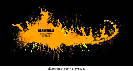 Vector basketball, template of horizontal banner, ink, spots, splashes, players, hand drawing.