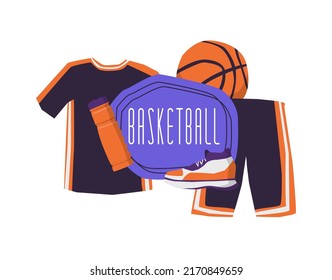 Vector Basketball Themed Logo Frame. Here Is A Ball, Sports Uniform, Bottle, Sneakers, Gaiters. It Can Also Be Used As Separate Elements In Banners Etc. Concept Basketball, Sports, Team Games.