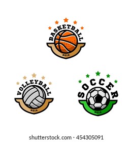 Vector basketball, volleyball, soccer football shield logo emblem pack