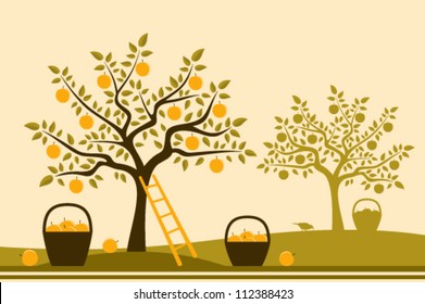 vector baskets of apples in apple orchard