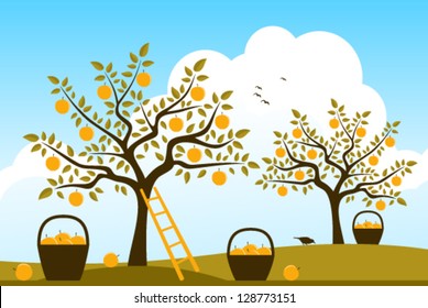 vector baskets of apples in apple orchard
