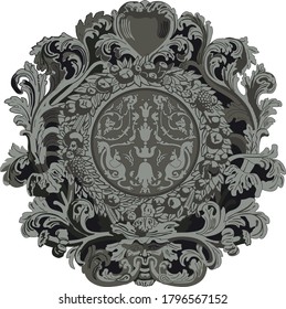 vector bas-relief emblem with vegetation, fruit and dragons