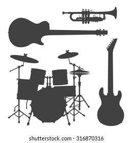 Vector Bass Guitar Trumpet Drum Set Electro Guitar Dark Grey Silhouettes Illustration Set
