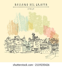 Vector Bassano del Grappa, Italy touristic postcard. Panoramic view, waterfront. Italian historic buildings in old town. Retro style postcard, poster template or calendar illustration