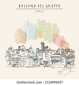 Vector Bassano del Grappa, Italy touristic postcard. Panoramic view, waterfront. Italian historic buildings in old town. Retro style postcard, poster template or calendar illustration