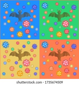 Vektor einer Fledermaus und ein buntes Corona-Virus. Farbiger Hintergrund. Farbiges Corona-Virusmuster. Korona- und Fledermausvirus-Vektor
