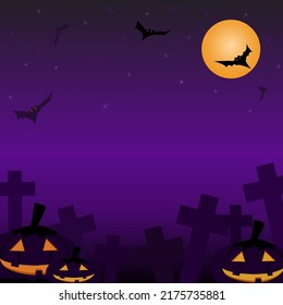 Vector - Bat volando con la luna y la estrella en el fondo del cementerio. Hora de la noche.  Color violeta y naranja. Temporada de Halloween. Copiar espacio.