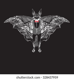 Vector bat in hand draw style. Halloween elements for design. Halloween poster with bat in vintage style. Bat in tuxedo and Bow tie. Chalkboard image of bat 