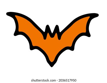 Vector bat icon is drawn in doodle style black outline orange color, isolated element on a white background for a Halloween holiday design template, label, packaging, logo. a soaring bat with pointed 