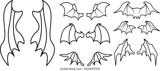 Vector Bat silhouette and wing for T-Shirt and logo design. Thin line editable stroke icon set.
