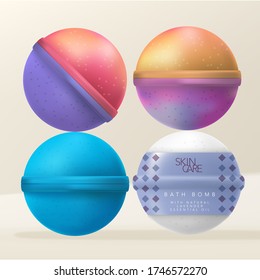 Vector Bath Bombs Or Bath Fizzers With Diamond Pattern Printed Shrink Wrap Packaging.