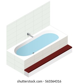 Vector bath tub in isometric perspective. Modern bathtub filled with water. Rectangular bathroom fixtures in family house apartment Isolated sanitary equipment purchased with modern water battery tap.