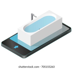 Vector bath tub in mobile phone. Isometric modern bathtub filled with water. Isolated sanitary equipment in communication technology paraphrase. Rectangular bathroom fixtures in family house apartment