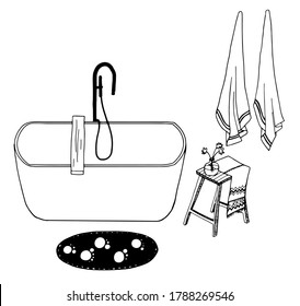 vector bathroom design elements: bath, stool with bouquet of flowers, towels and mat with footprints