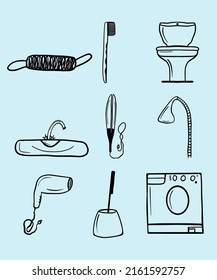 Vector bathroom elements. Outline icons collection. Simple vector illustration. Black doodles. Hand-drawn bathroom accessories illustration.