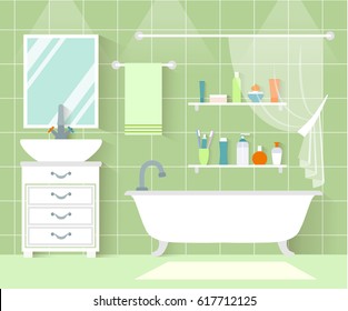 Vector bathroom front view. Interior design in flat style. Bathroom with plumbing, furniture and accessories.