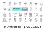 Vector bathroom icons. Editable Stroke. Shower, bath, toilet, bidet, mirror, water tap. Laundry and garbage basket. Cosmetics shampoo comb cream. Toilet paper napkins