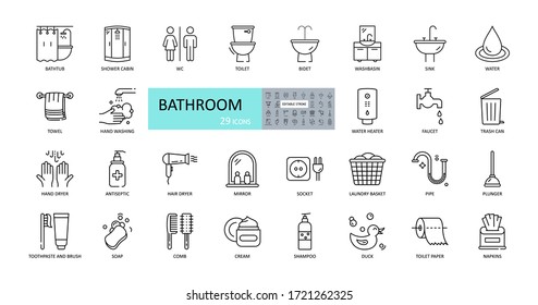 Vector bathroom icons. Editable Stroke. Shower, bath, toilet, bidet, mirror, water tap. Laundry and garbage basket. Cosmetics shampoo comb cream. Toilet paper napkins