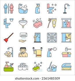 Vector bathroom icons. Editable Stroke. Shower, bath, toilet, Toilet paper, vector illustration on white background