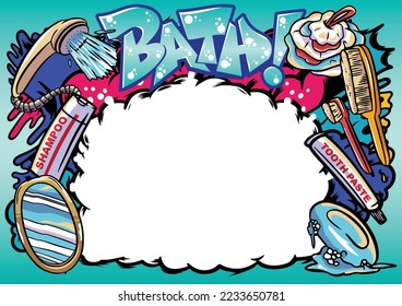 Vector bathroom icons. Shower, bath, mirror, shampoo, soap with street graffiti letters, tags, words, street art, style, spray paint, emoji, fresh and colorful