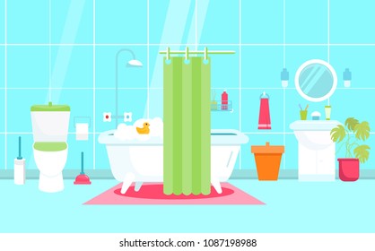 Vector Bathroom illustration in Flat style with toilet, duck. Shower furniture. Sanitary interior.