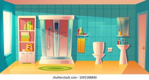 Vector bathroom interior with automatic shower cabin, washbasin. Room with toilet, accessories. Shelves with washing gel, shampoo. Household background in cartoon style. Architecture decoration