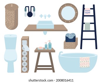 El conjunto de objetos interiores del baño vectorial. Mobiliario de baño y fontanería. Conjunto de elementos vectoriales. Aseo, bañera, soporte de papel higiénico, lavabo de cerámica, espejo, cesta de lavado de mimbre, toallas.