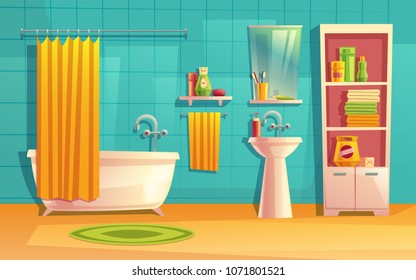 Vector Bathroom Interior, Room With Furniture, Bathtub, Shelves, Mirror, Faucet, Curtain, Sink Washing Gel Shampoo Household Background Cartoon Architecture Decoration