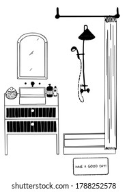 vector bathroom interior with shower bath, wash basin and mirrir on the wall